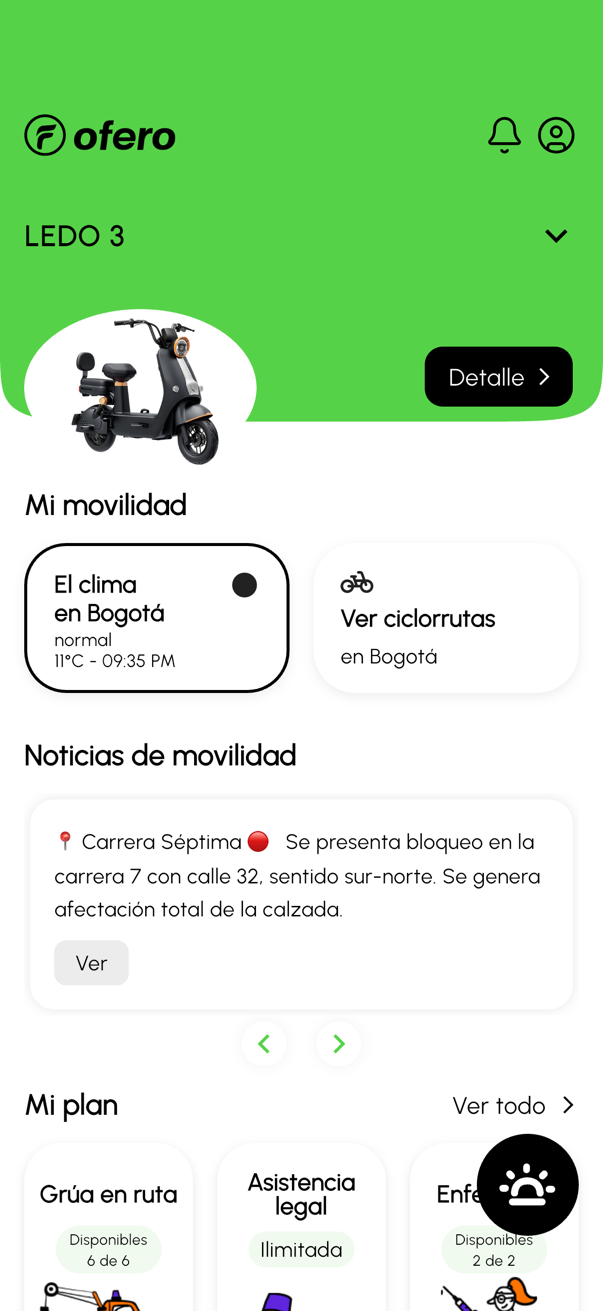 Pantalla de la app de Ofero con servicios de movilidad y asistencia