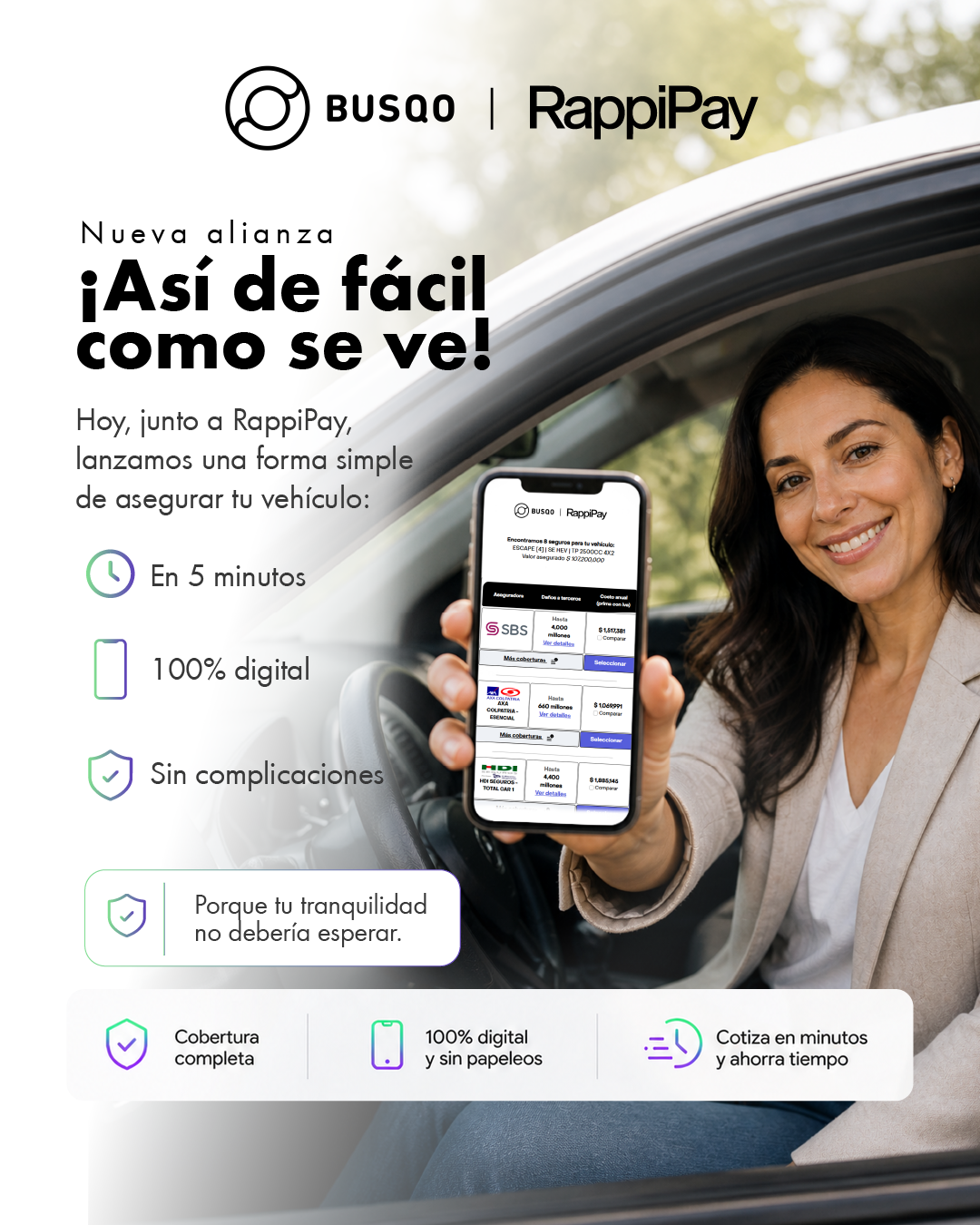 Busqo y RappiPay anuncian alianza para la distribución digital de seguros vehiculares en Colombia